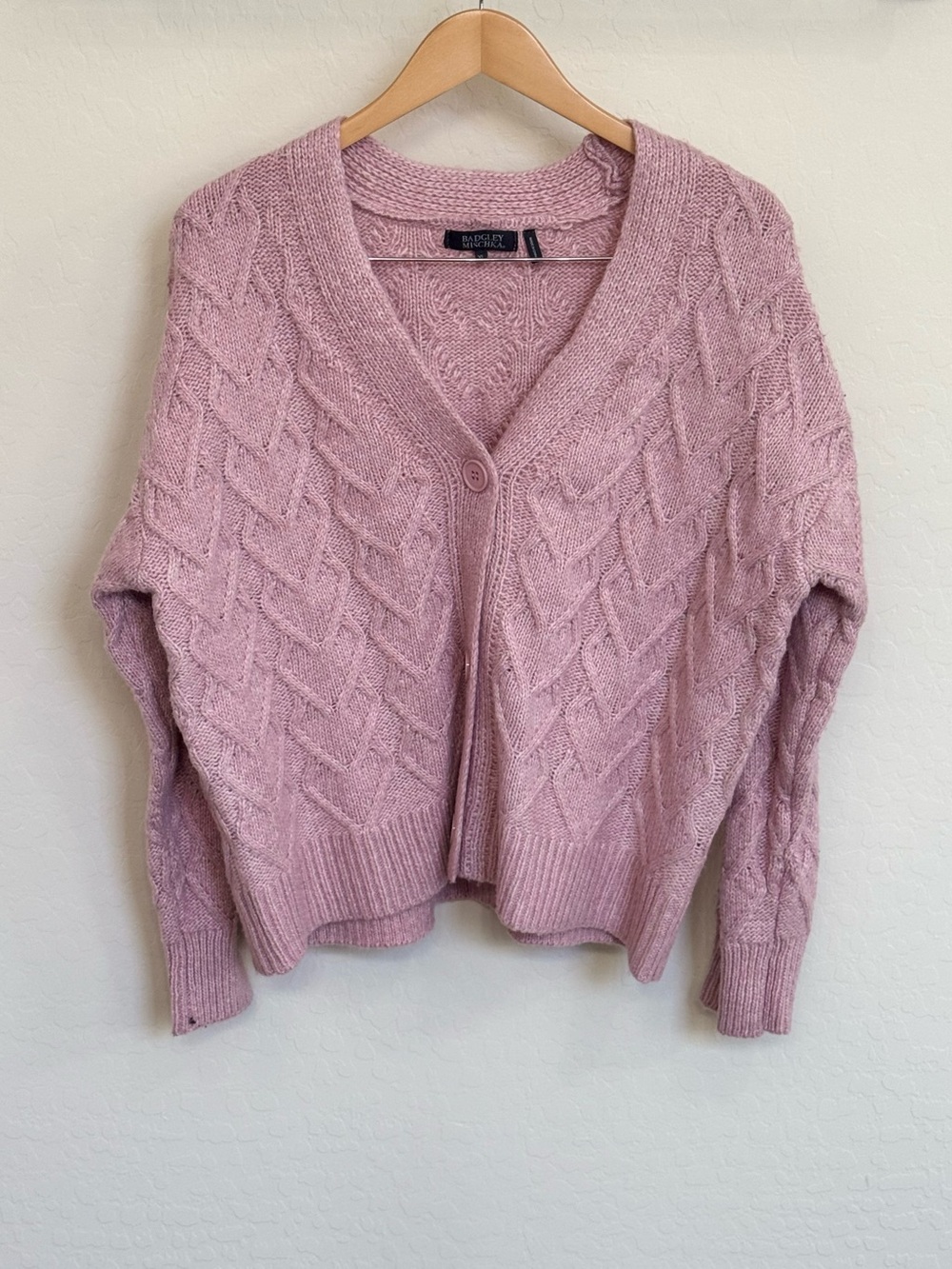 Badgley Mischka Pink Cable Knit Cropped Cardigan Sweater V-Neck XL